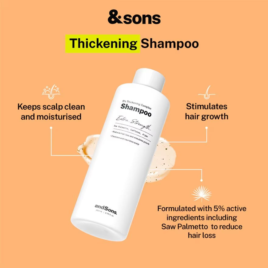 andSons Thickening Shampoo bottle with features on an orange background