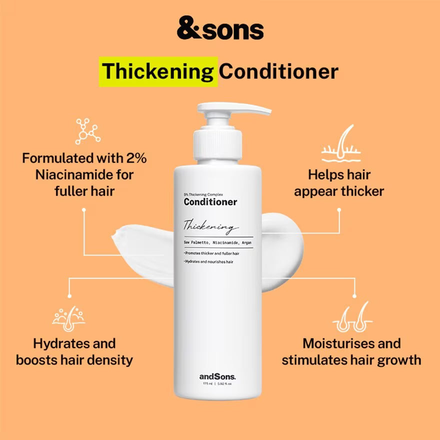 andSons Thickening Conditioner bottle with features on an orange background