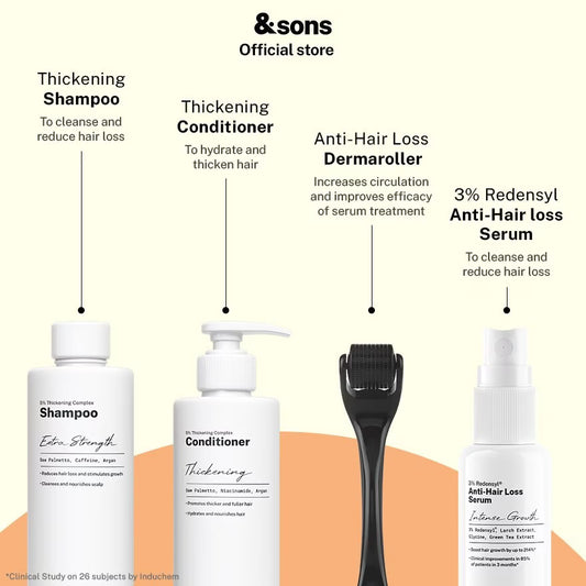 Hair care product lineup with labels and &sons branding on a white background