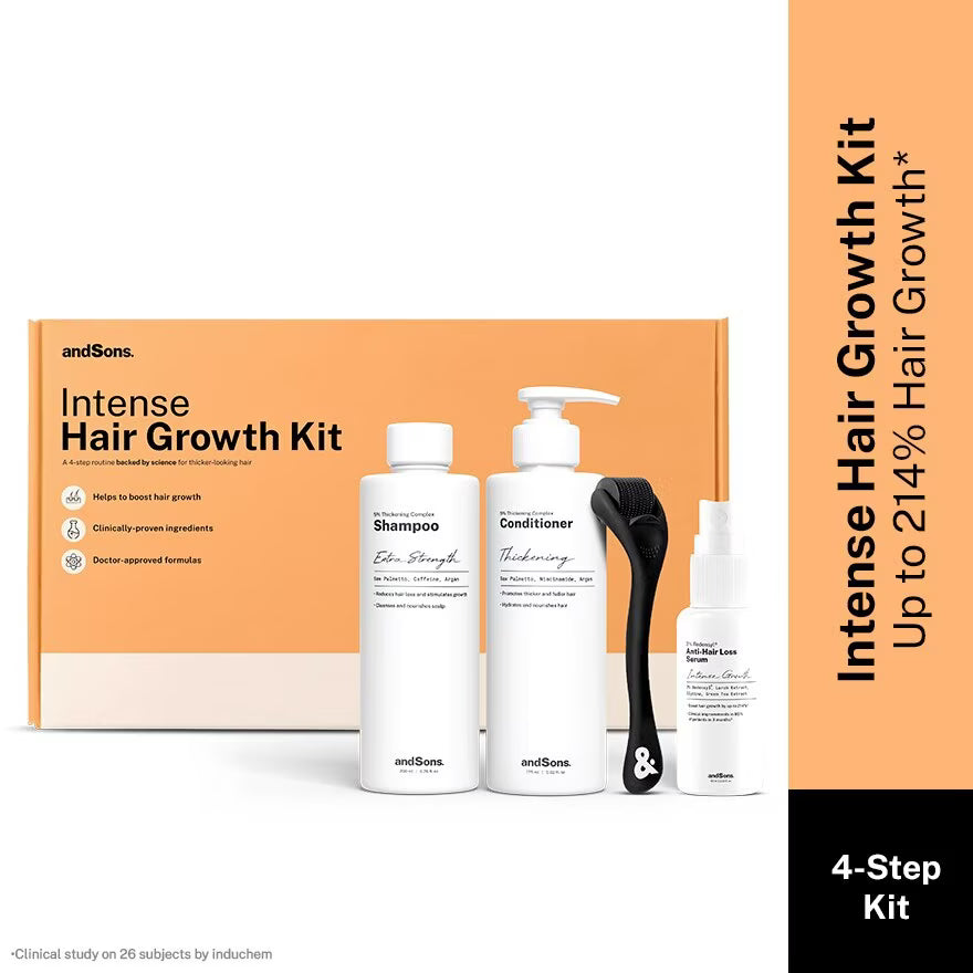 andSons Intense Hair Growth Kit with shampoo, conditioner, and other products on a white background.